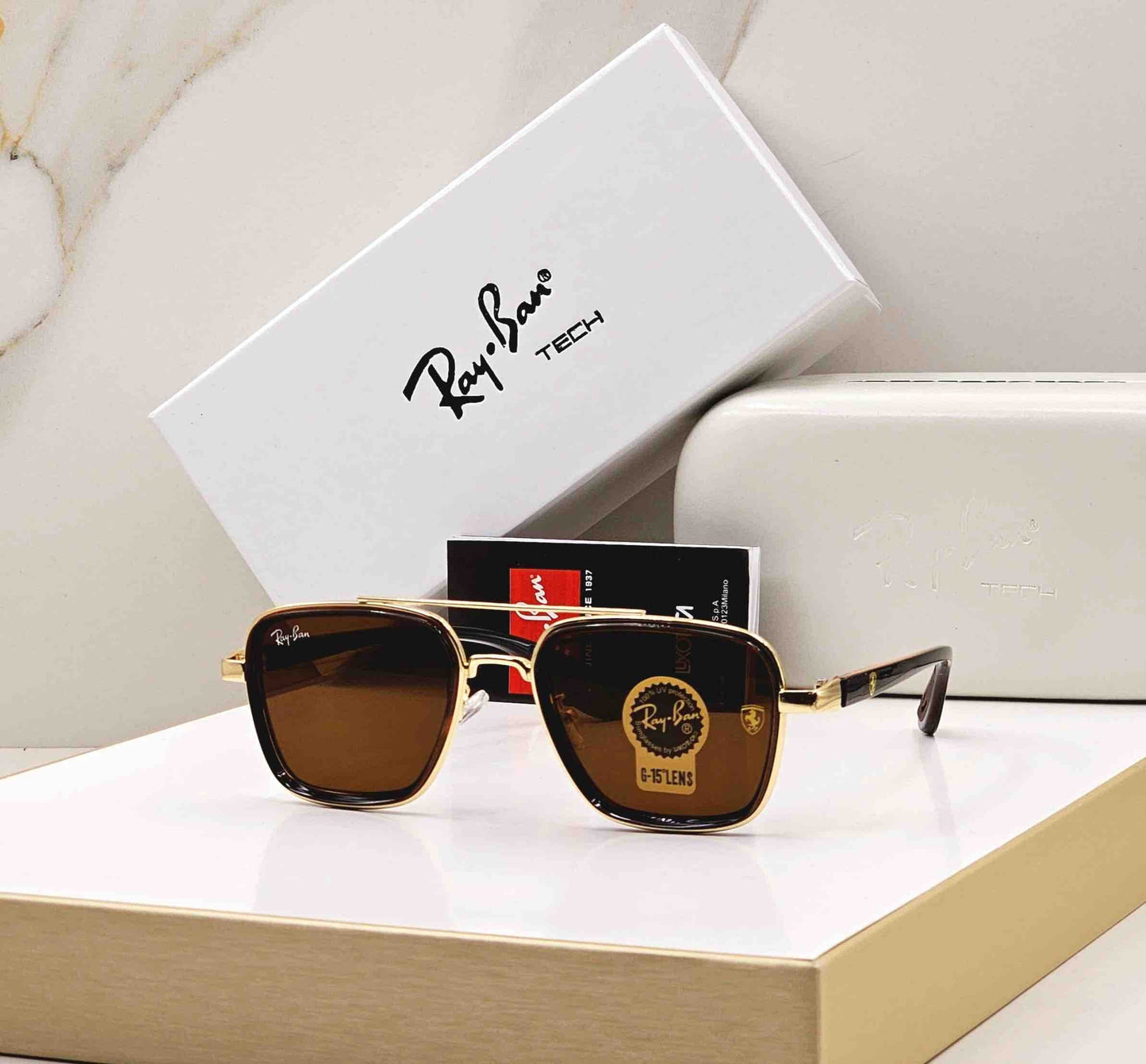 Ray-Ban Square Sunglasses Brown Steel Frame with Brown Shades